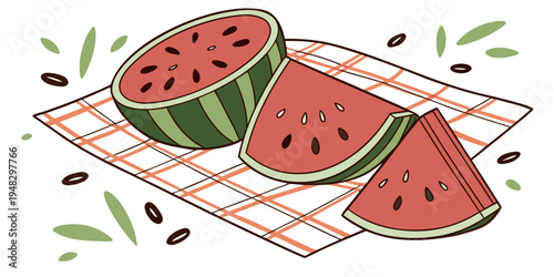 a sliced watermelon on a picnic mat with leaves and seeds Vector