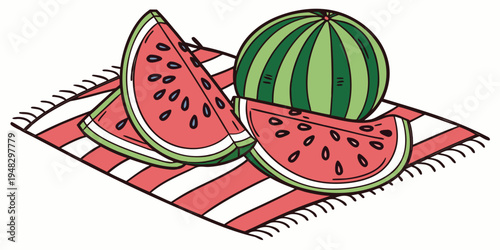 a watermelon and two slices on a blanket Vector