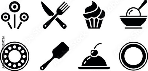 Black silhouettes of various food and kitchen utensil icons on white background