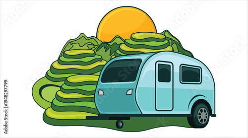 A light blue travel trailer parked near the green rice terraces Vector