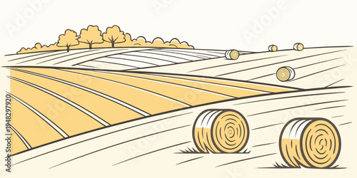 a field with hay bales on a sunny day Vector