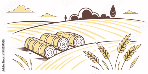 a tractor pulling hay bales through a golden wheat field Vector