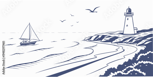a blue and white illustration of a lighthouse on a rocky coastline Vector