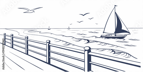 a sailboat on the water near a fence Vector