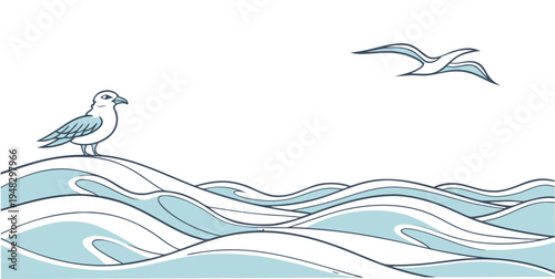 a bird perched on waves with two birds flying Vector