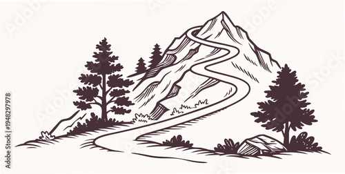 a mountain road with trees and a mountain in the background Vector