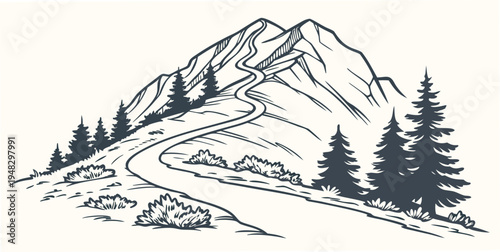 a mountain landscape with a winding road and trees Vector