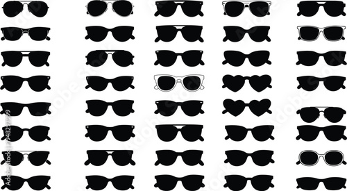 Large collection of black sunglasses silhouettes and eyewear icons featuring various frame styles like aviator wayfarer and heart shapes isolated on white background for vector design.