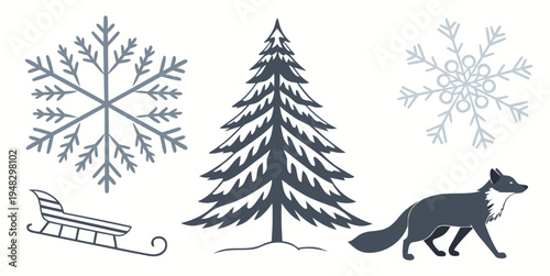 a wolf walks next to a pine tree and a sled in the snow Vector