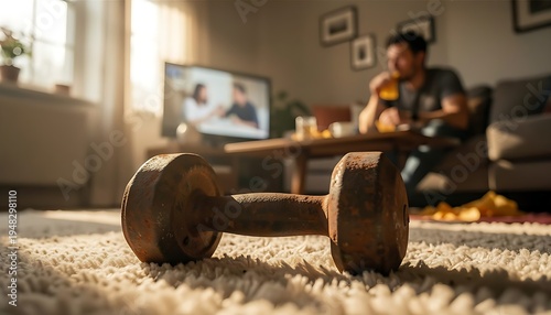 Dumbbell resting on the floor while a person watches television in the background, symbolizing procrastination and lack of exercise motivation.