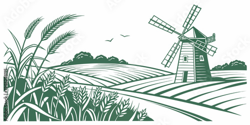 a green illustration of a windmill in a field of wheat Vector