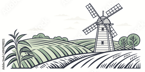 a windmill standing in a rural landscape with trees and crops Vector
