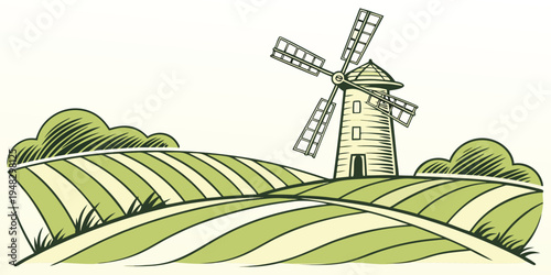 a windmill on a green field with trees Vector