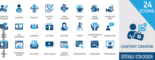 Modern content creator vector icon set featuring influencer tools, microphone, multimedia, writing, marketing, engagement, streaming, and digital creator studio.