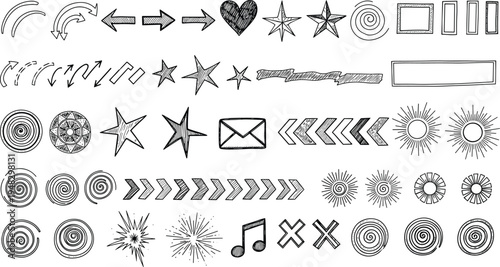 Large collection of hand drawn doodle icons featuring arrows stars hearts swirls and sunburst elements in a sketchy pen style isolated on white background.