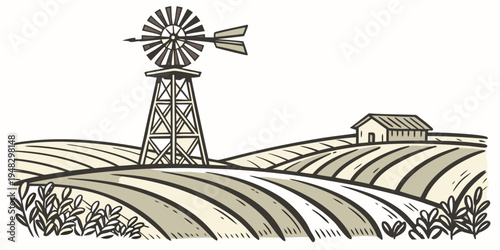 a windmill standing on a field with rows of crops Vector