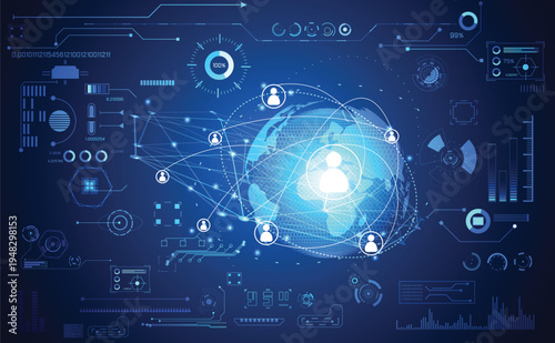 Abstract digital interface with a glowing atomic structure and complex data visualizations in blue hues