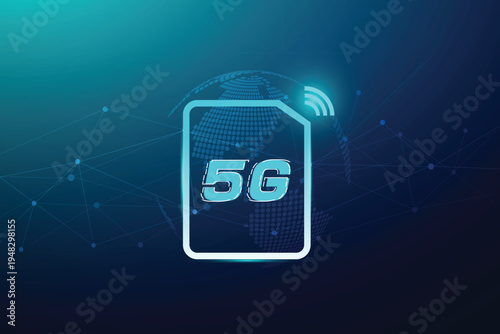 Abstract futuristic 5G technology concept with a glowing SIM card globe, and network lines on a dark blue gradient background