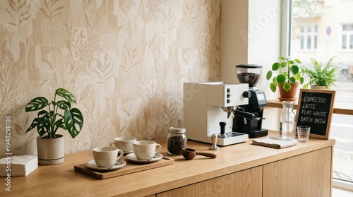 Coffee station with equipment and cups on wooden surface