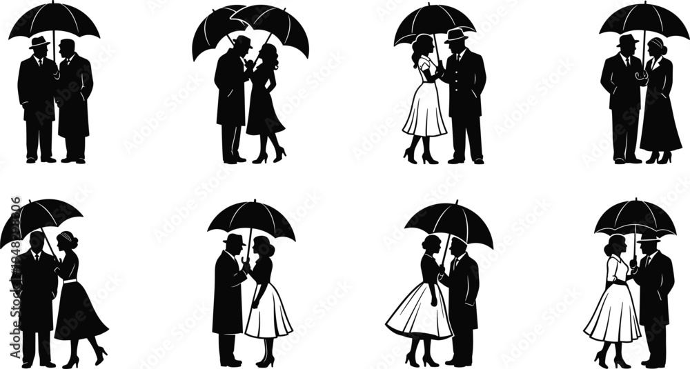 Naklejka premium Vintage Romantic Couple Under Umbrella Silhouette Set with Elegant Man and Woman in Love Poses for Dating, Wedding Invitations, and Valentine Designs