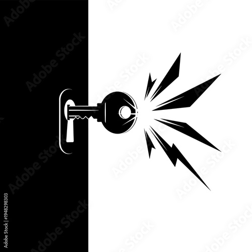 Key unlocking potential, security, or access with light burst.