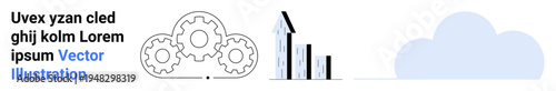 Cloud computing, technology, data analysis, innovation, business growth, cloud storage. Image features gears, a cloud and bar chart elements. Cloud computing and data analysis concept
