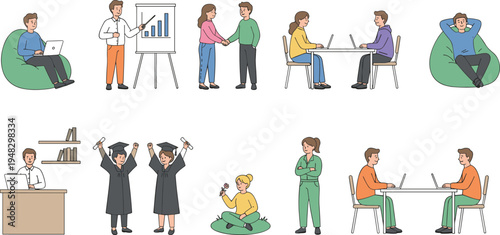 Cartoon education and professional life scenes including studying, teamwork, presentation, graduation, and relaxation design