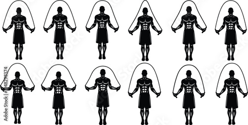 Jump Rope Exercise Silhouette Set with Athletic Man Skipping Rope in Multiple Positions Fitness Training Cardio Workout Vector Collection for Sports and Healthy Lifestyle Design
