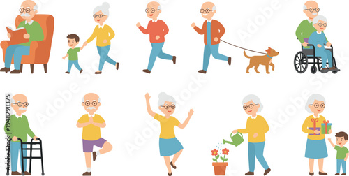 Cartoon elderly people activities including reading, walking, yoga, dancing, gardening, and companionship design