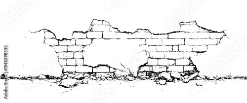 Black and white of a broken brick wall with a missing section in the middle