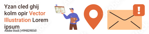 Logistics, delivery services, tracking systems, communication, customer alerts, digital technology. Courier holding a package with icons of a location pin and message notification. Logistics