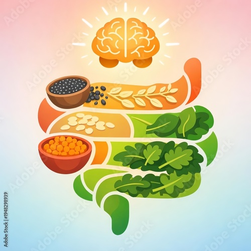 Minimal Gut Brain Connection Concept with High Fiber Foods Forming Intestine Shape – Wellness Vector Illustration