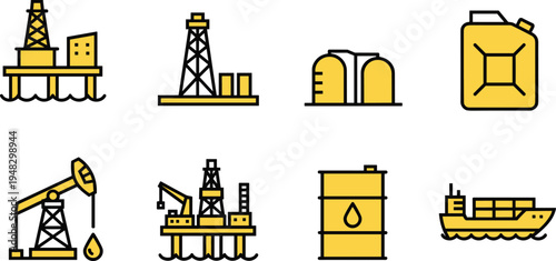 Cartoon oil and gas industry icons including rigs, pumpjack, barrel, jerry can, and cargo ship design