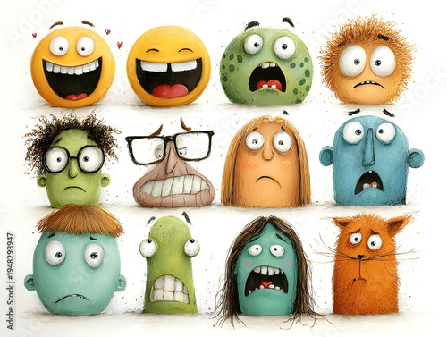 Diverse cartoon characters expressing a wide range of human emotions and feelings, showing happiness, laughter, surprise, fear, anxiety, worry, and sadness, on a white background