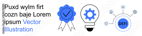 Blockchain, fintech, innovation, decentralized finance, technology solutions, digital assets. Blue badge, gear in lightbulb DEFI circular network. Blockchain and fintech technology concept