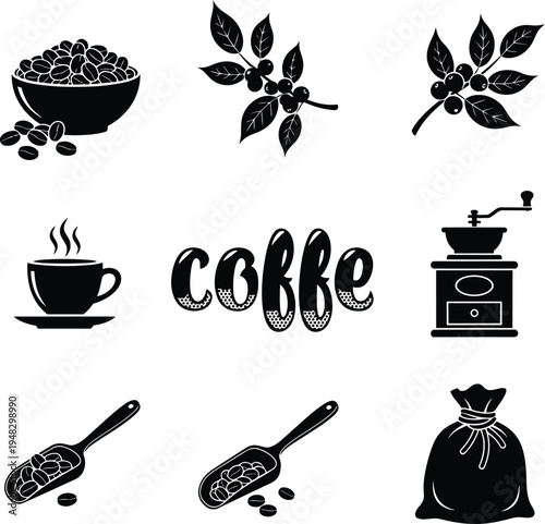 coffee beans cup leaf branch grinder bag spoon icons coffe
