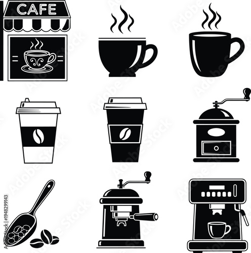 coffee shop icons set including cafe sign coffee cups coffee beans and coffee machines