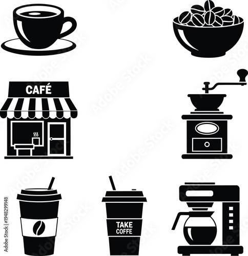Black and white coffee icons set including cafe, coffee beans, cup, coffee maker and take away coffee cup, coffee icons set