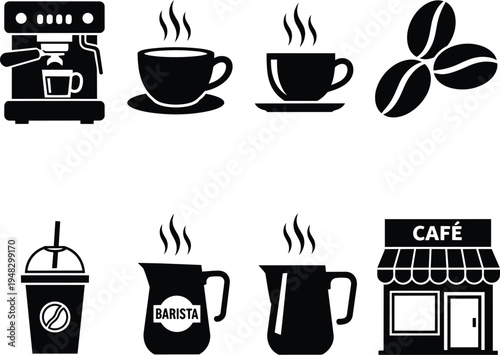 coffee shop icons including machine beans cups cafe barista