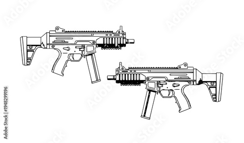 Tactical submachine gun vector set in gray and brown grey colors