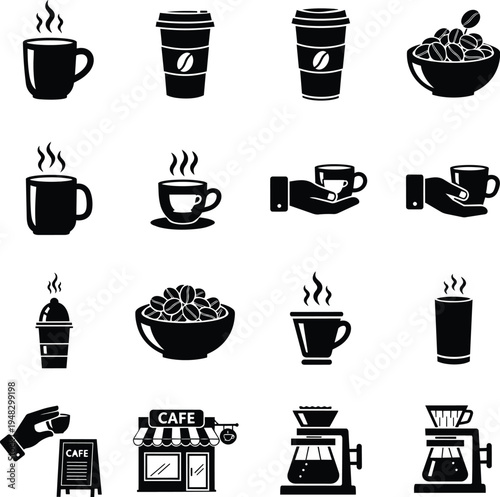 Black coffee icons set including cups, beans and machines, coffee icons set including cups, beans and machines