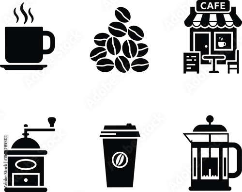 Coffee icons including cup, beans, cafe, grinder, to go cup, and French press coffee icons