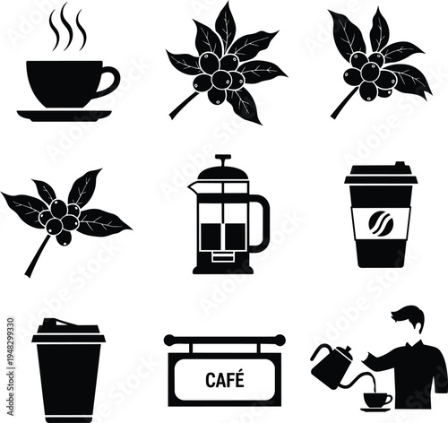 Black coffee icons set including cup, beans, French press, take away, cafe sign and man pouring coffee, coffee icons, coffee symbols, coffee graphics