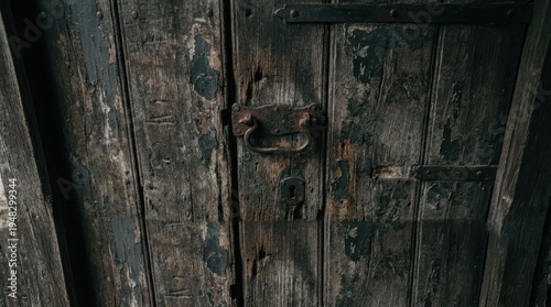 Ancient dark weathered wooden door with rustic metal latch