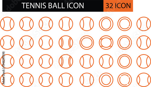 Cartoon tennis ball icons collection with 32 unique designs for sports and graphic projects