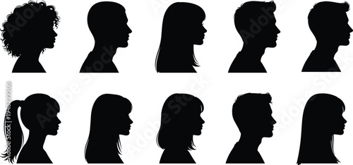 Human head silhouette vector illustration featuring diverse profiles with unique hairstyles, artistic identity, psychology, perception, recognition, design concept