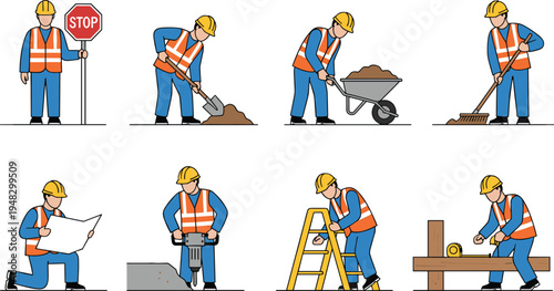 Cartoon vector illustration of construction workers in safety gear performing various tasks