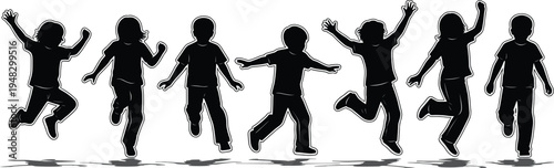 Happy Children Jumping and Running Silhouette Collection with Playful Kids Poses Black Vector Illustration for Childhood Activities, School Designs, Family Themes, and Education Graphics