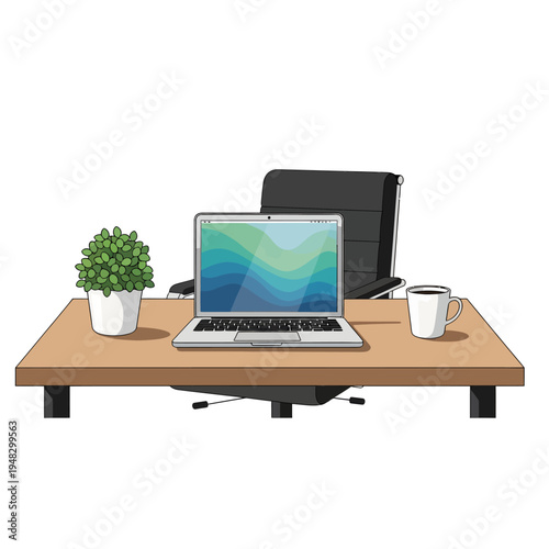 A clean desk with a laptop, a potted plant, and a coffee cup, ideal for modern workspace design inspiration