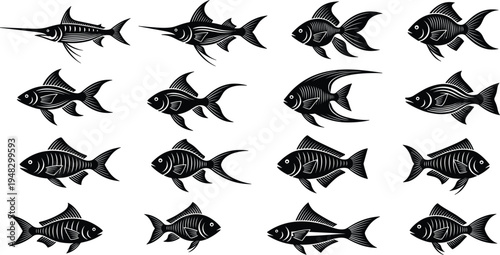 Ocean Fish Silhouette Collection with Various Marine and Freshwater Fish Species Black Vector Set for Fishing Industry, Seafood Design, Aquarium Graphics, and Marine Life Illustrations